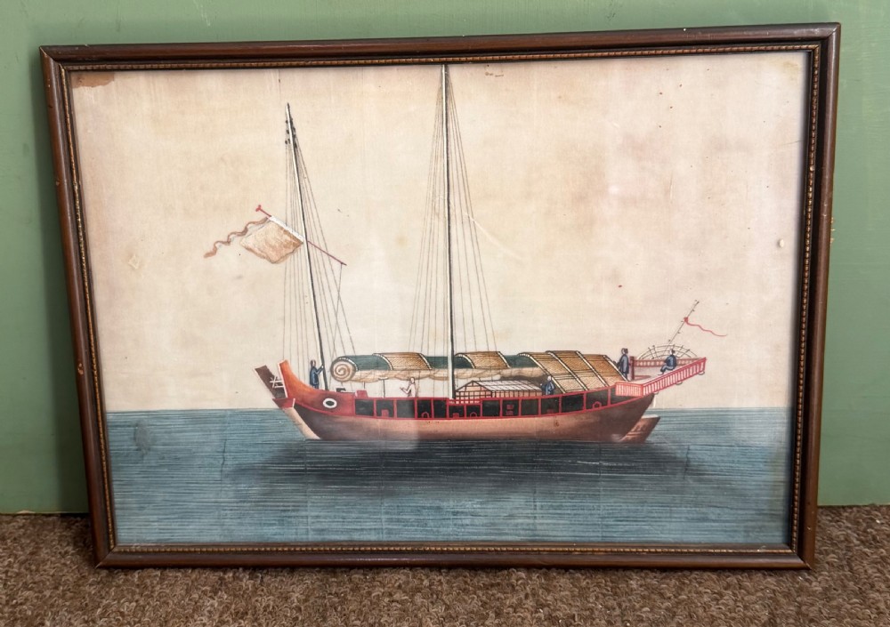 A set of twelve late nineteenth-century framed Chinese export gouache paintings depicting various traditional junks and maritime vessels against light neutral backgrounds. View VII