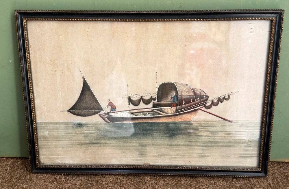 A set of twelve late nineteenth-century framed Chinese export gouache paintings depicting various traditional junks and maritime vessels against light neutral backgrounds. View VIII