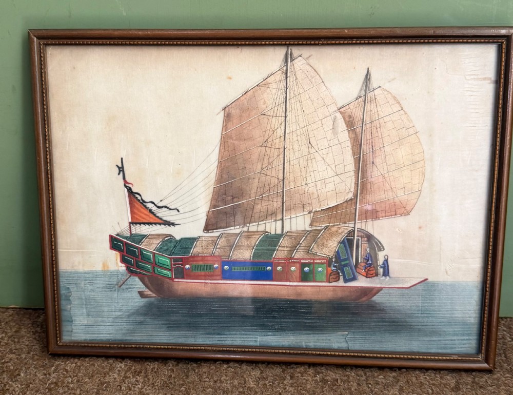 A set of twelve late nineteenth-century framed Chinese export gouache paintings depicting various traditional junks and maritime vessels against light neutral backgrounds. View IX