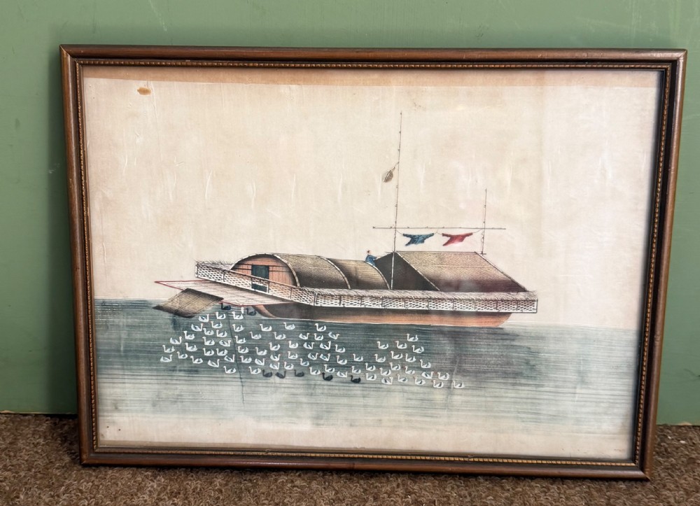 A set of twelve late nineteenth-century framed Chinese export gouache paintings depicting various traditional junks and maritime vessels against light neutral backgrounds. View XI