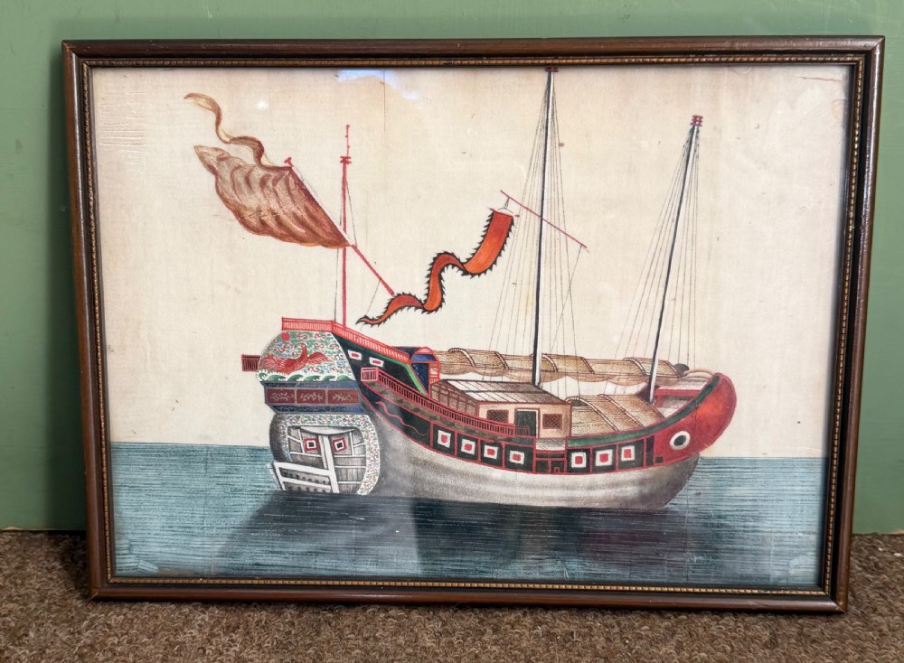 A set of twelve late nineteenth-century framed Chinese export gouache paintings depicting various traditional junks and maritime vessels against light neutral backgrounds. View XII