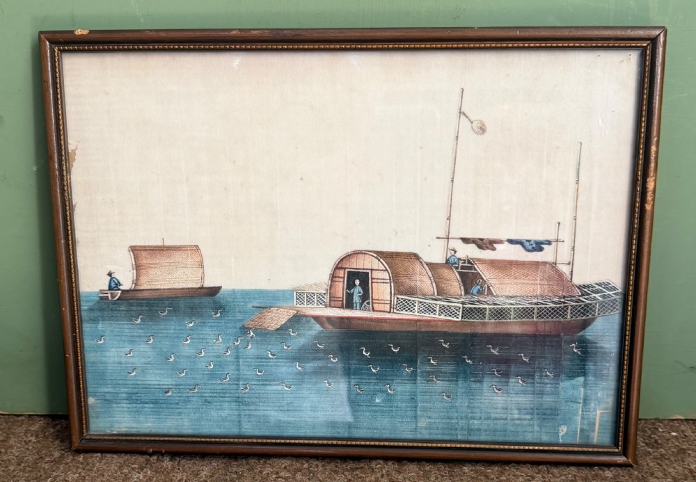 A set of twelve late nineteenth-century framed Chinese export gouache paintings depicting various traditional junks and maritime vessels against light neutral backgrounds. View XIII