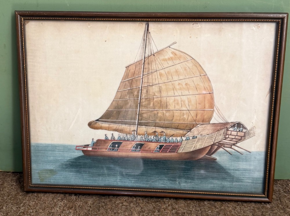 A set of twelve late nineteenth-century framed Chinese export gouache paintings depicting various traditional junks and maritime vessels against light neutral backgrounds. View XIV