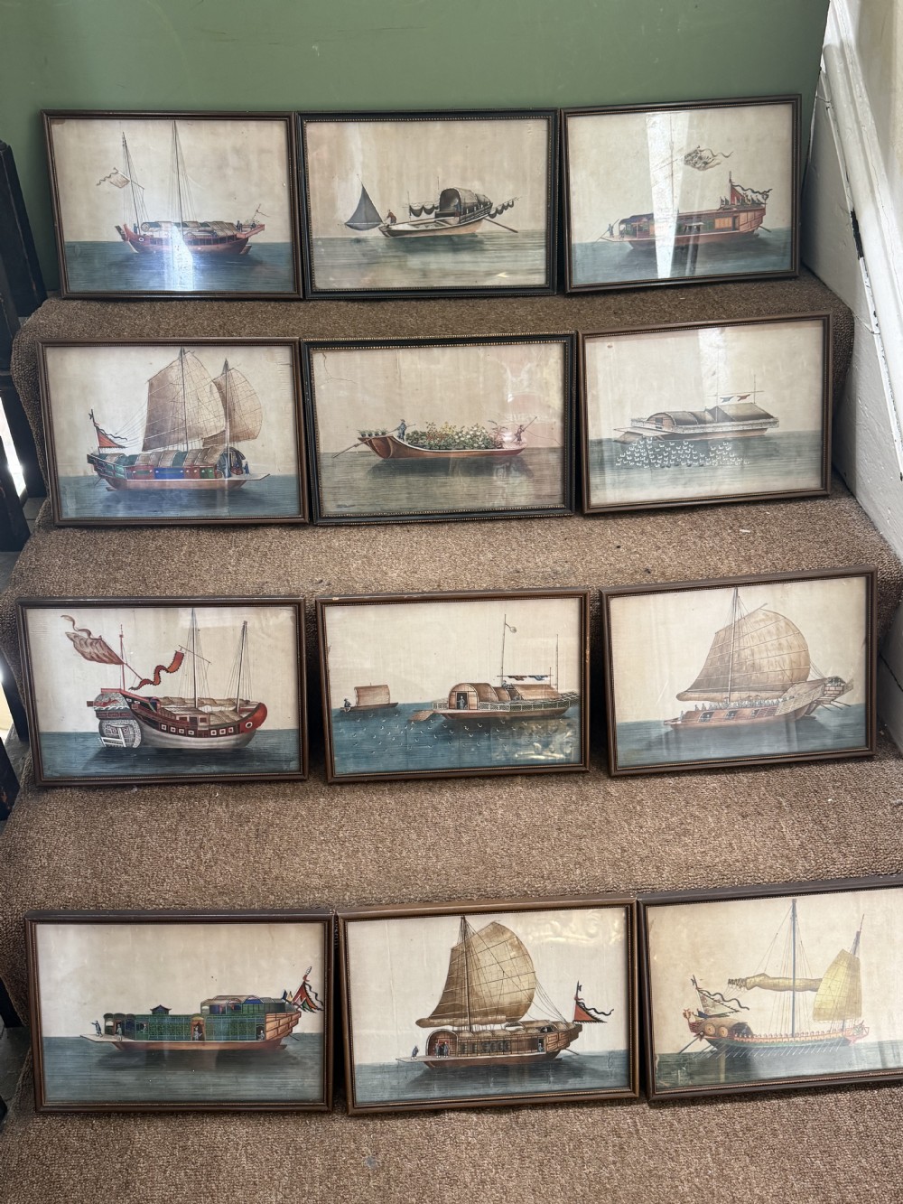 A set of twelve late nineteenth-century framed Chinese export gouache paintings depicting various traditional junks and maritime vessels against light neutral backgrounds. View XV