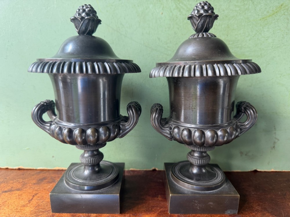 A pair of Regency patinated bronze campana-shaped cassolettes with gadrooned bodies, twin handles, pinecone finials, and square bases.