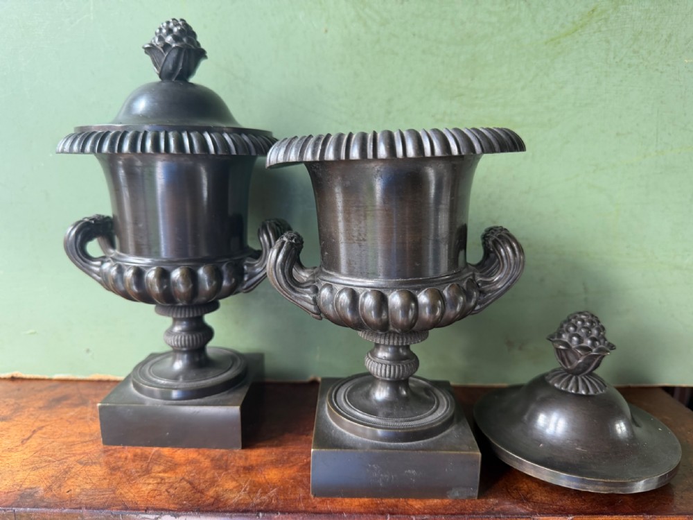 A pair of Regency patinated bronze campana-shaped cassolettes with gadrooned bodies, twin handles, pinecone finials, and square bases. View III