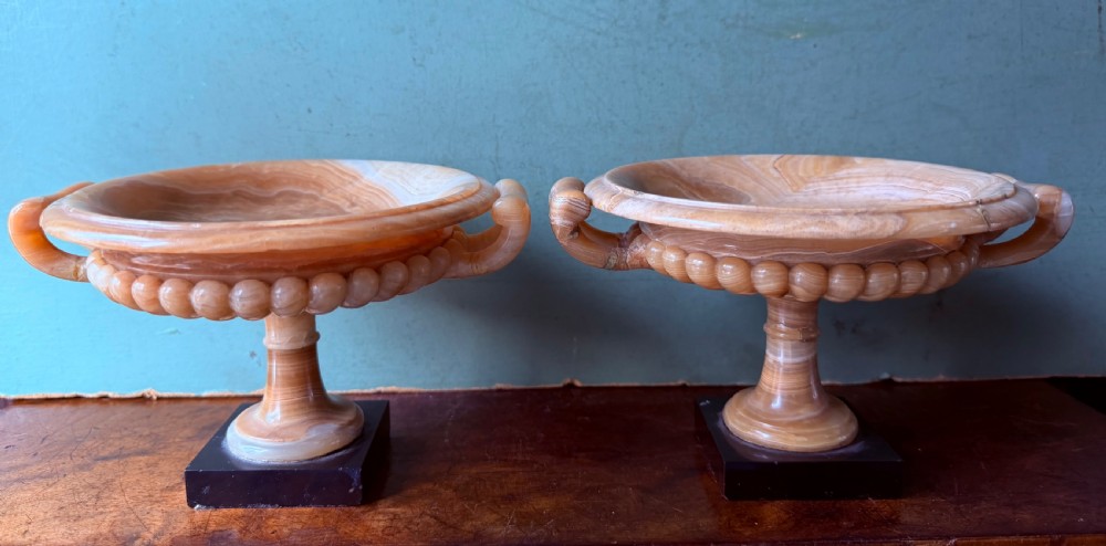 Pair of C19th Italian ‘Grand Tour’ souvenir highly-figured carved ‘alabastro egiziano’ smaller-scale tazze on black marble block bases.