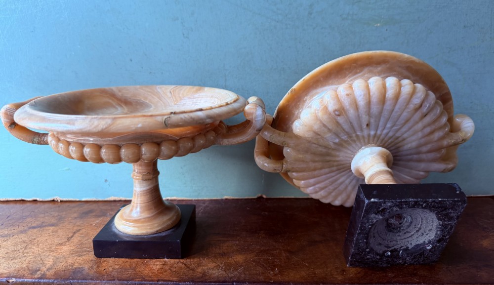 A pair of 19th-century carved amber alabaster tazze with gadrooned rims and twin loop handles set on square black marble plinths. View XVIII