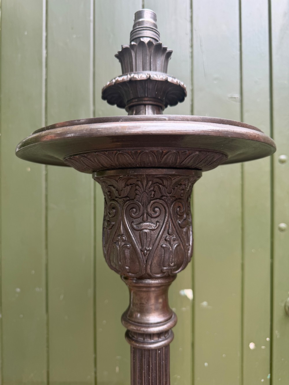 A tall late nineteenth-century cast-iron standard lamp with a dark bronze patinated finish, featuring a fluted column shaft, acanthus leaf moulding, and a tripod claw foot base. View IV