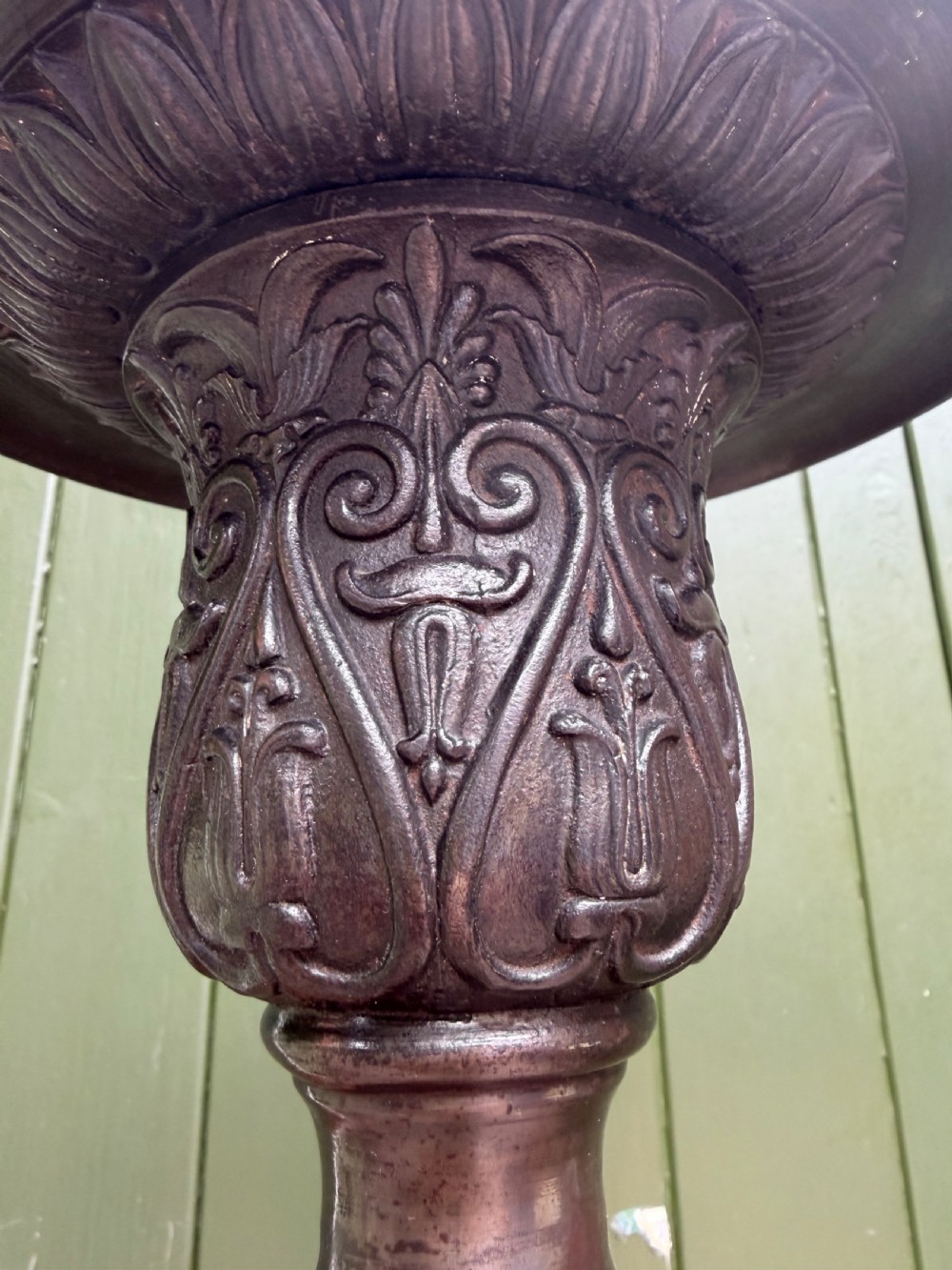 A tall late nineteenth-century cast-iron standard lamp with a dark bronze patinated finish, featuring a fluted column shaft, acanthus leaf moulding, and a tripod claw foot base. View V