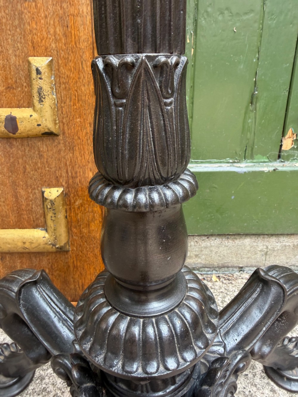A tall late nineteenth-century cast-iron standard lamp with a dark bronze patinated finish, featuring a fluted column shaft, acanthus leaf moulding, and a tripod claw foot base. View VII