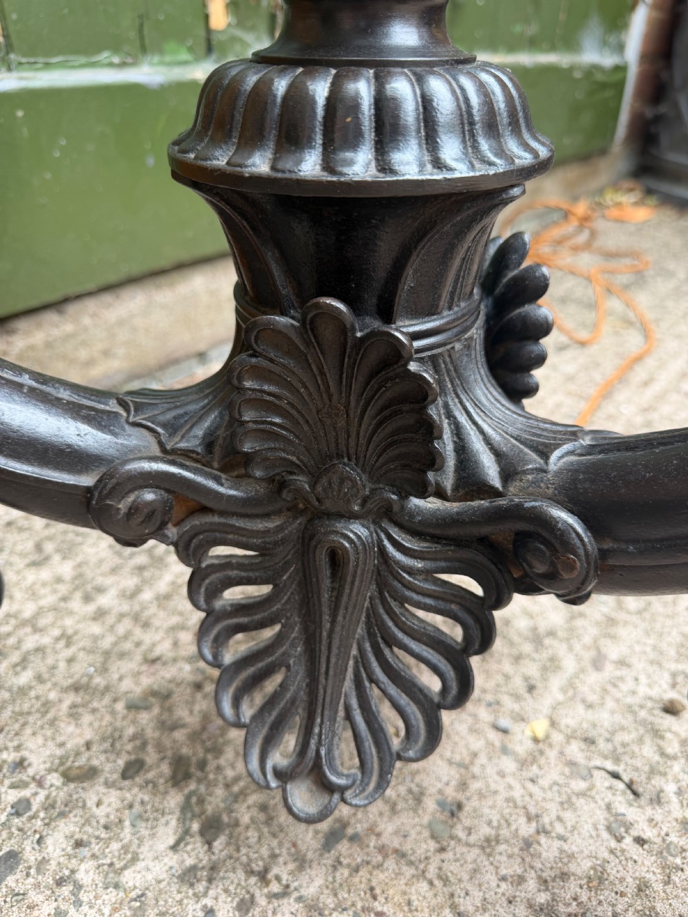 A tall late nineteenth-century cast-iron standard lamp with a dark bronze patinated finish, featuring a fluted column shaft, acanthus leaf moulding, and a tripod claw foot base. View VIII