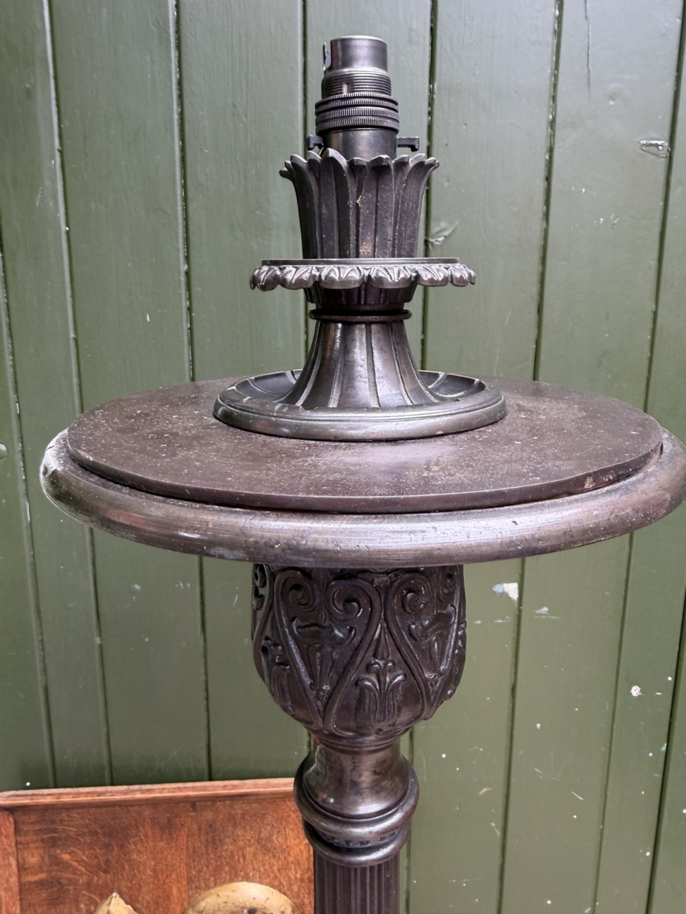 A tall late nineteenth-century cast-iron standard lamp with a dark bronze patinated finish, featuring a fluted column shaft, acanthus leaf moulding, and a tripod claw foot base. View XIII