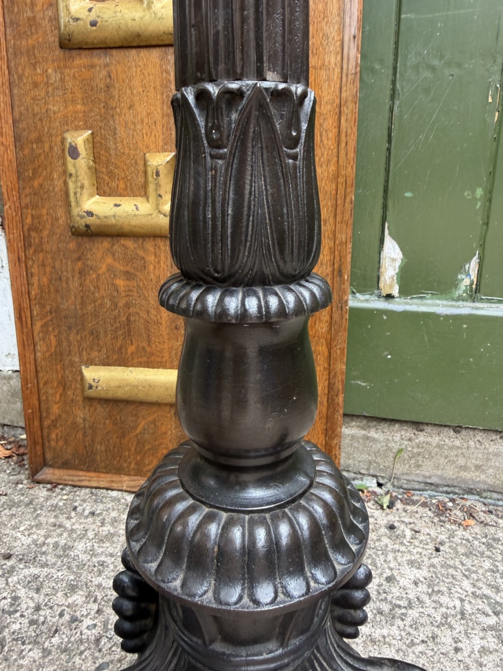 A tall late nineteenth-century cast-iron standard lamp with a dark bronze patinated finish, featuring a fluted column shaft, acanthus leaf moulding, and a tripod claw foot base. View XIV