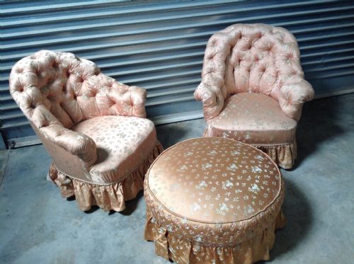 pair of french tub chairs and matching round stool - CATEGORY: ANTIQUE FURNITURE - DATED 1880