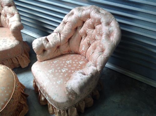 PAIR OF FRENCH TUB CHAIRS AND MATCHING ROUND STOOL - ADDITIONAL PHOTO 2