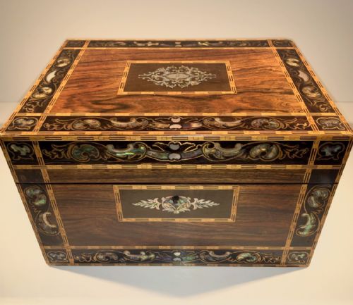 Victorian Ladies Vanity Box Rosewood Tunbridge and Mother of Pearl Inlay with Silver Plated Interior