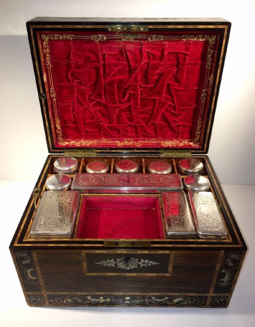 fig 1. Victorian Ladies Vanity Box Rosewood Tunbridge and Mother of Pearl Inlay with Silver Plated Interior
