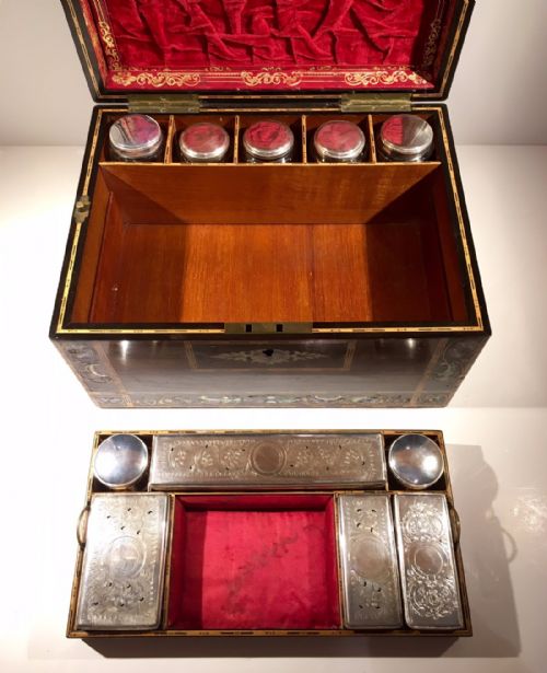 fig 2. Victorian Ladies Vanity Box Rosewood Tunbridge and Mother of Pearl Inlay with Silver Plated Interior