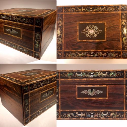 fig 3. Victorian Ladies Vanity Box Rosewood Tunbridge and Mother of Pearl Inlay with Silver Plated Interior