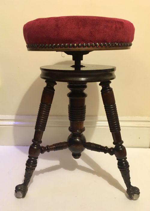 Antique Victorian Adjustable Revolving Piano Stool with Glass Ball Feet