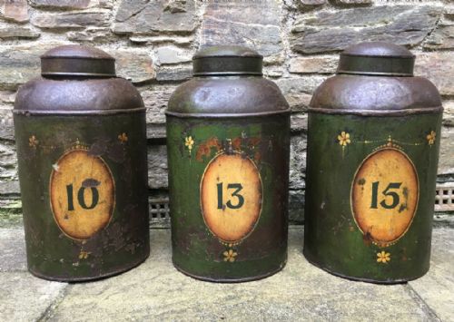 Set of 3 Large Antique Toleware Tea Canisters