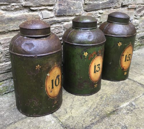 fig 1. Set of 3 Large Antique Toleware Tea Canisters