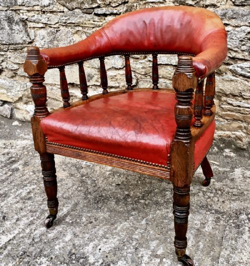 Antique Oak Framed Red Leather Desk Chair