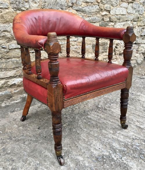 fig 1. Antique Oak Framed Red Leather Desk Chair