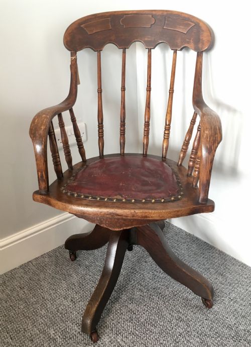 Antique Edwardian Oak Swivel Office Desk Chair