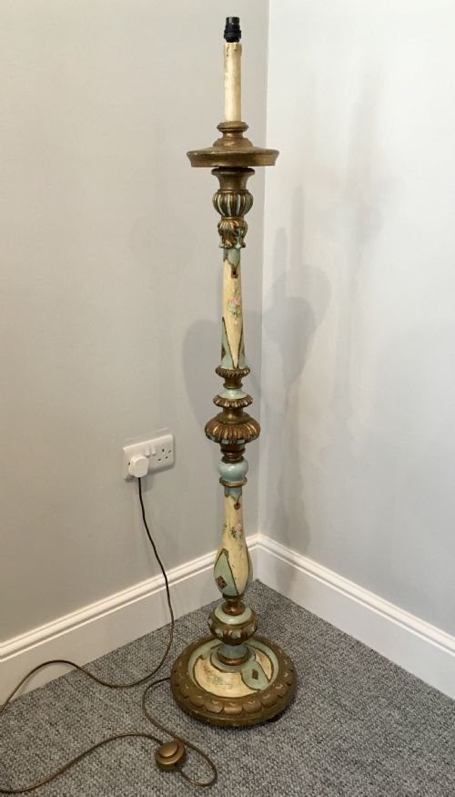 Antique Painted Carved Wooden Standard Lamp