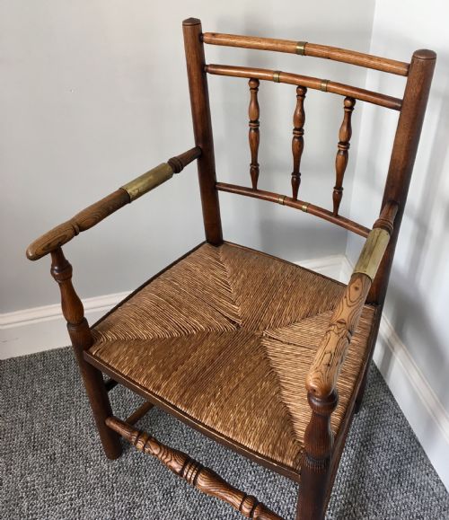 fig 1. 18th Century Spindle Back Rush Seated Country Chair with Brass Banding