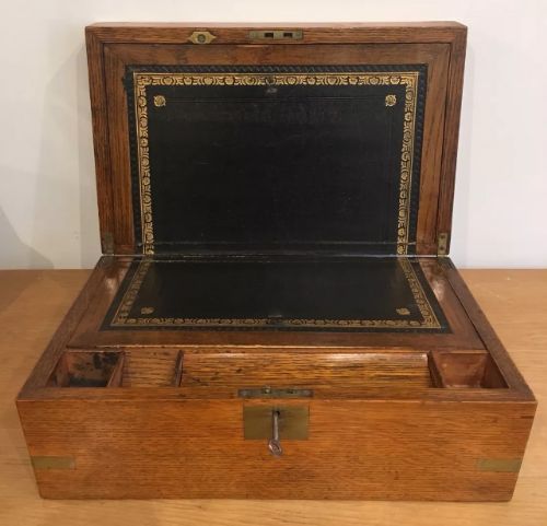 Antique Victorian Oak Campaign Style Writing Slope Box