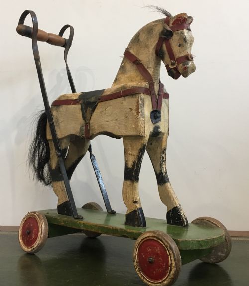 Antique Victorian Push Along Wooden Toy Horse in Original Paint