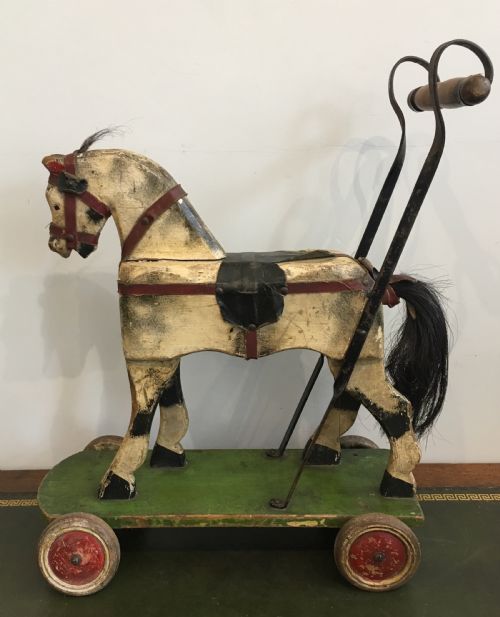 fig 1. Antique Victorian Push Along Wooden Toy Horse in Original Paint