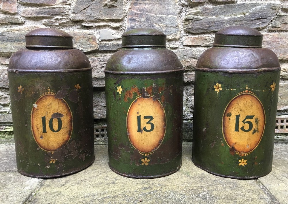Set of 3 Large Antique Toleware Tea Canisters