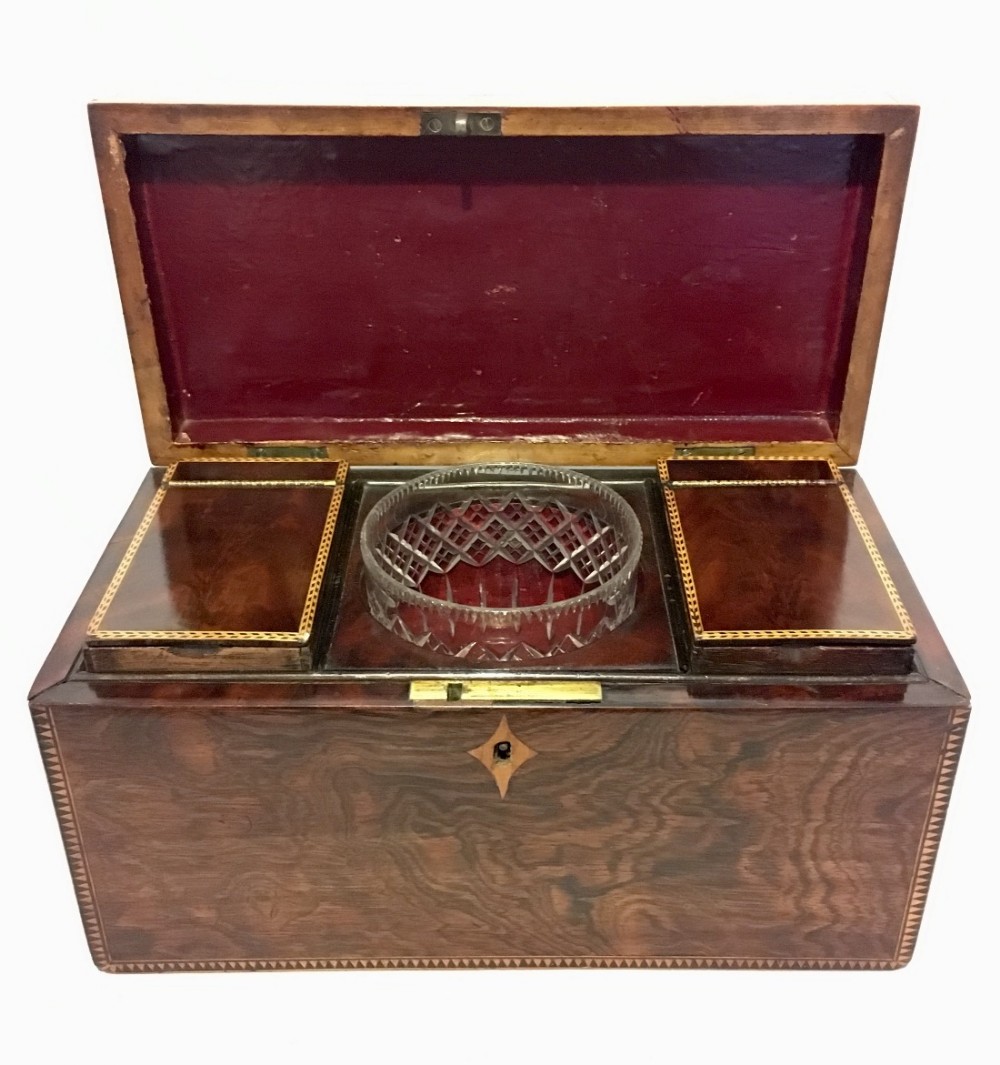 Georgian Rosewood and Mahogany Inlaid Sarcophagus Tea Caddy 