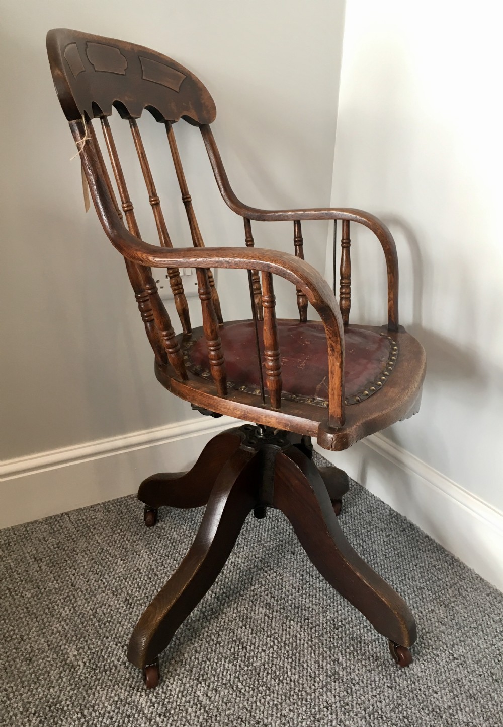 Antique Edwardian Oak Swivel Office Desk Chair  View V
