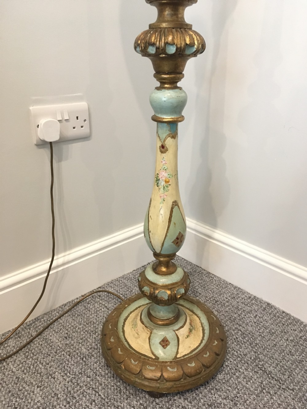 Antique Painted Carved Wooden Standard Lamp View III