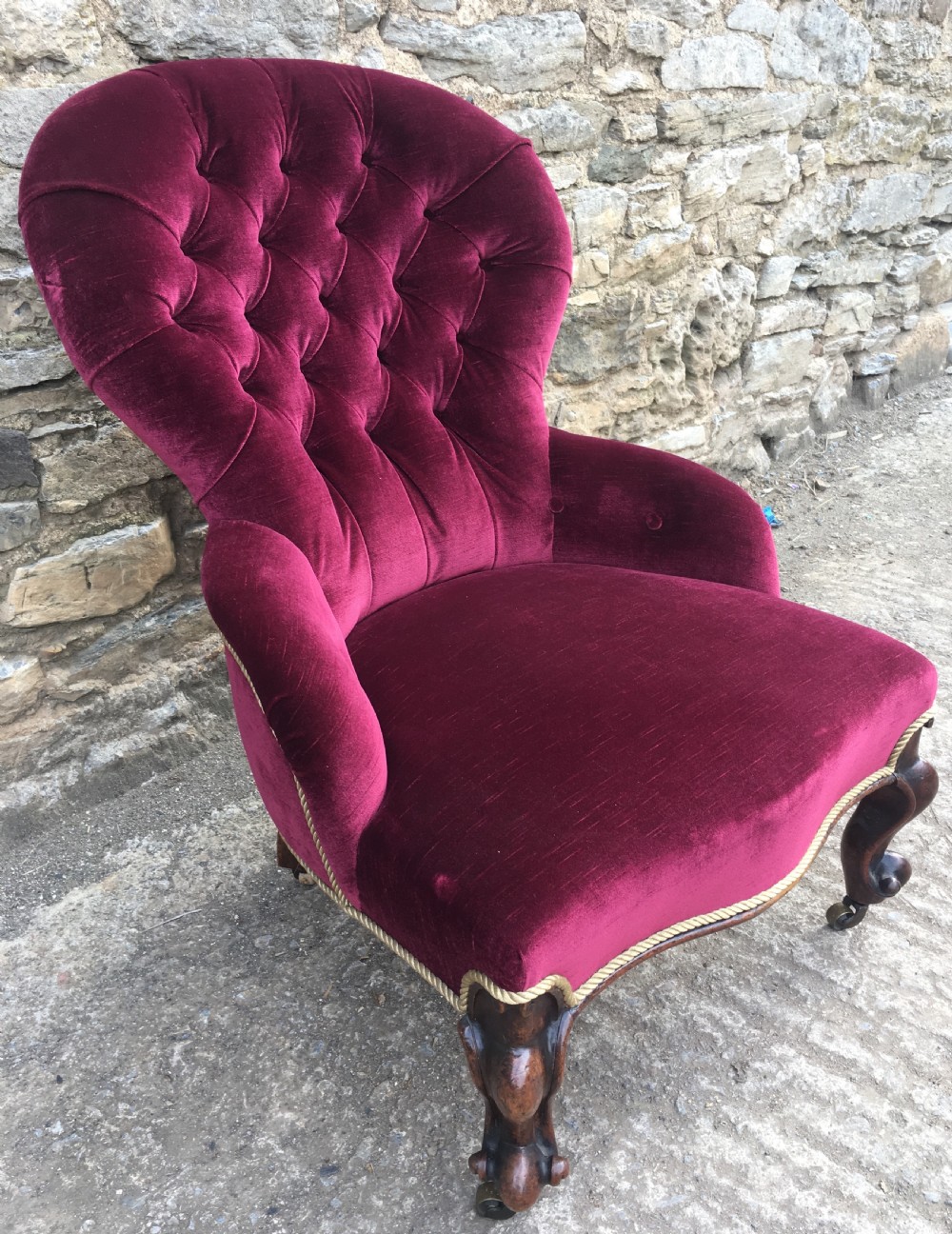 Antique Victorian Velvet Upholstered Buttoned Nursing Chair View IV