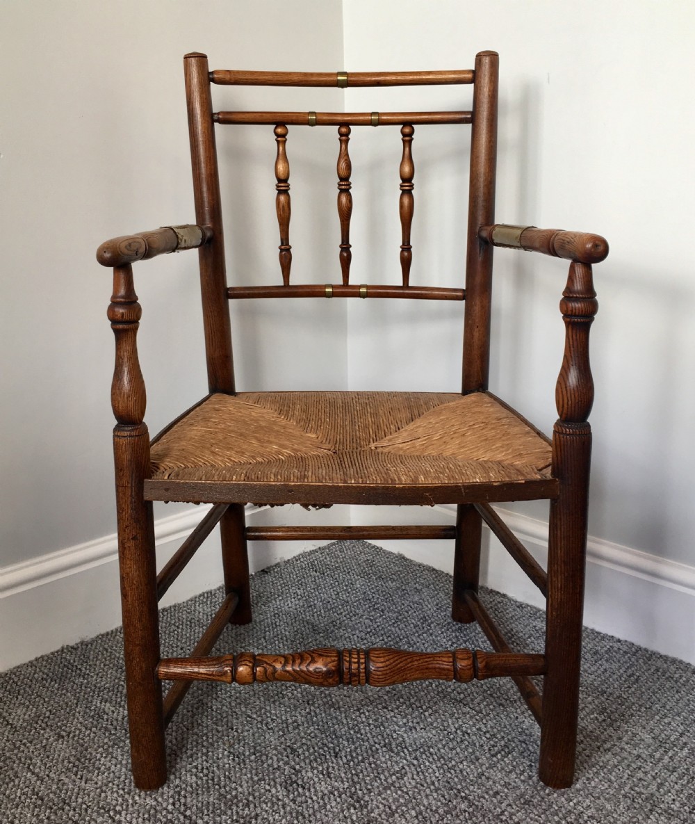 18th Century Spindle Back Rush Seated Country Chair with Brass Banding