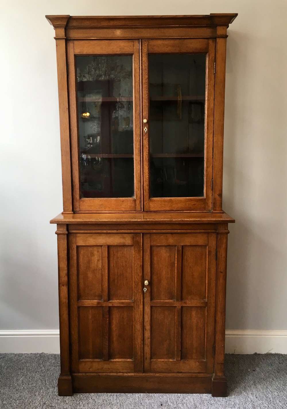 Antique Arts and Crafts Oak Glazed Bookcase
