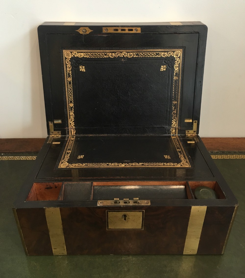 Antique Victorian Burr Walnut Brass Bound Writing Slope View V
