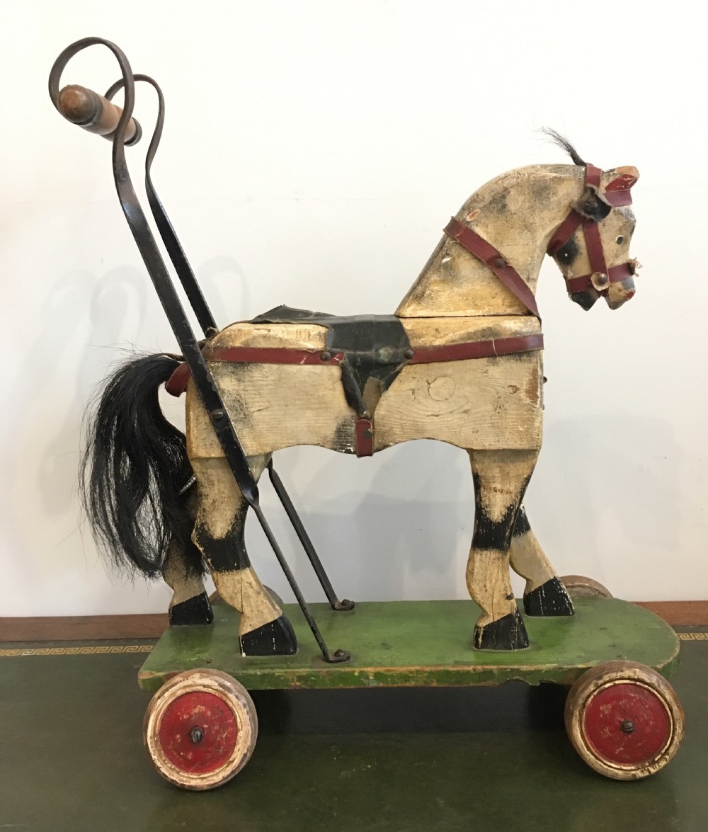 Antique Victorian Push Along Wooden Toy Horse in Original Paint View IV