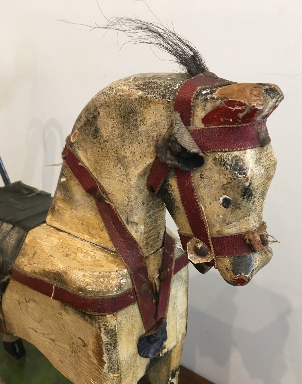 Antique Victorian Push Along Wooden Toy Horse in Original Paint View V