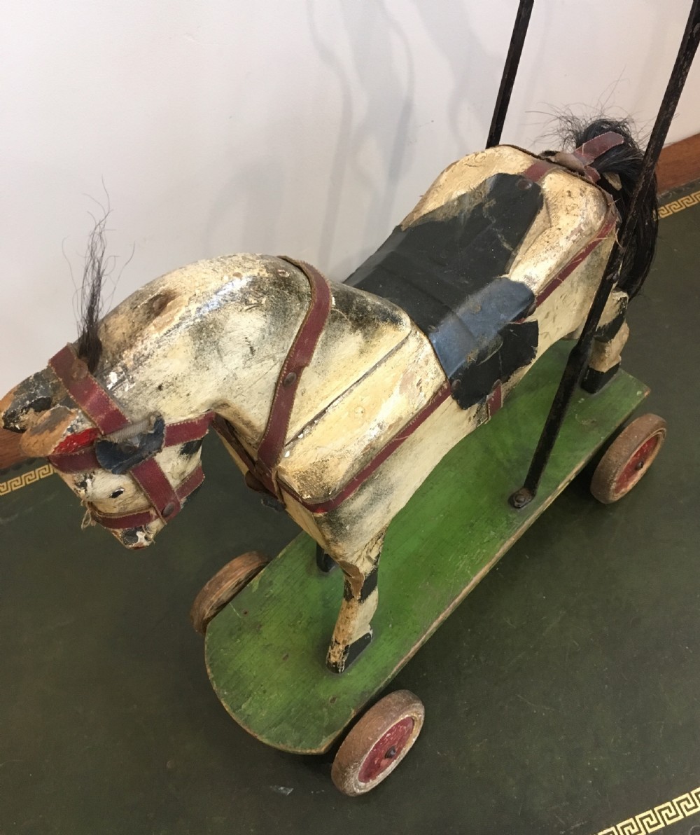 Antique Victorian Push Along Wooden Toy Horse in Original Paint View VIII