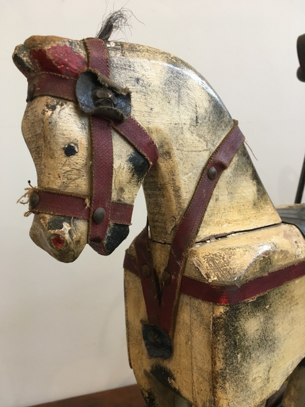 Antique Victorian Push Along Wooden Toy Horse in Original Paint View IX
