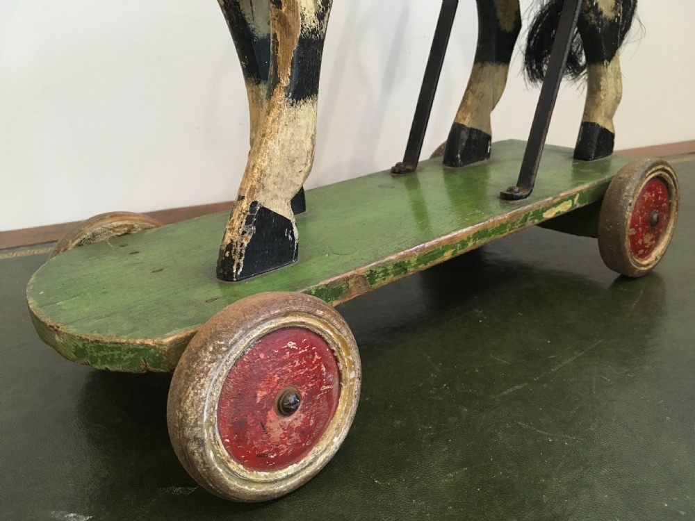 Antique Victorian Push Along Wooden Toy Horse in Original Paint View X