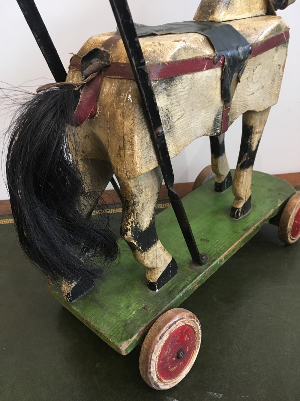 Antique Victorian Push Along Wooden Toy Horse in Original Paint View XI