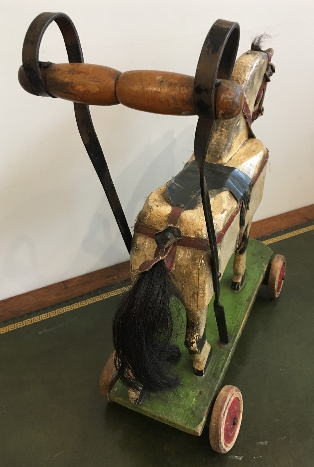 Antique Victorian Push Along Wooden Toy Horse in Original Paint View XII